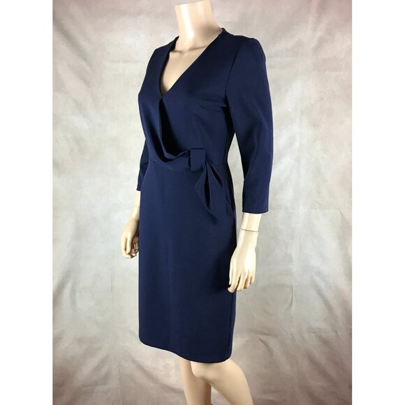 ESTELLE Indigo Structured Crepe Faux Wrap Sheath Dress SMALL - Picture 6 of 10